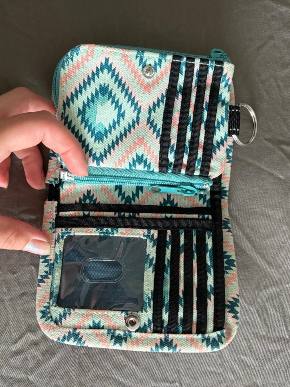 NWOT KAVU Zippy Wallet in Sunset Diamond Pattern! Teal, Pink, Travel, Utility